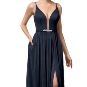 Dark Navy dress w/rhinestone belt.  Brand: Azazie